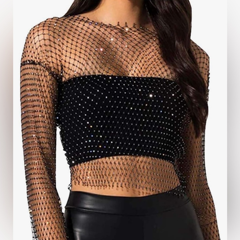 Sparkly Holiday top! ✨ Mesh rhinestone long sleeve top never worn